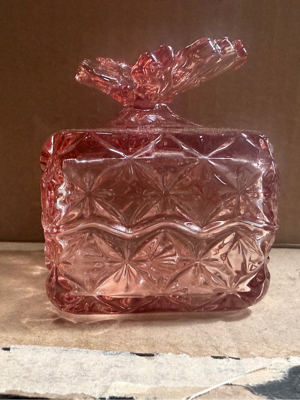 Pink Pressed Glass Trinket Box with butterfly lid